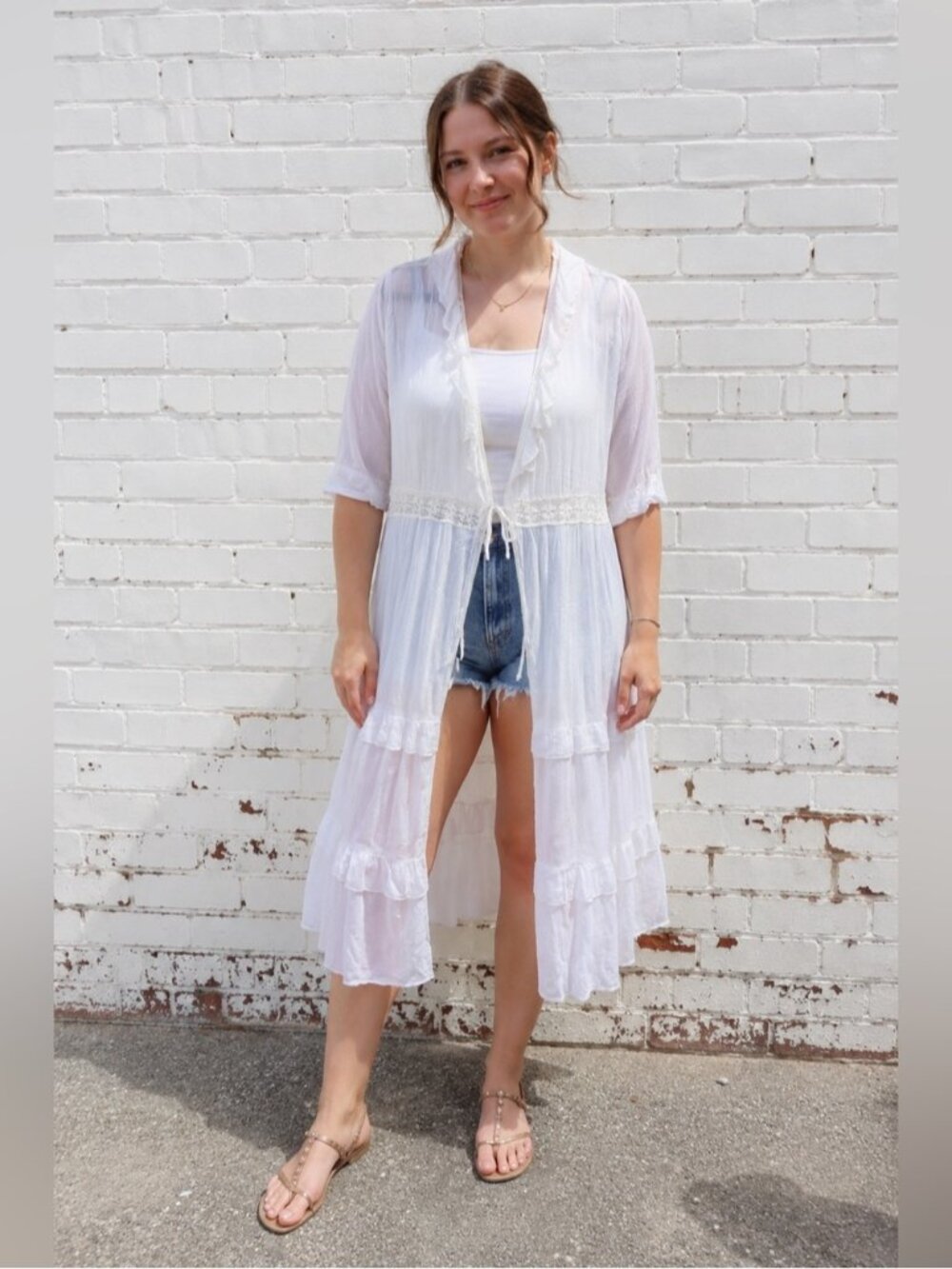 White Boho Cottagecore Sheer Duster Cardigan Cover Up Womens Size Large bohemian